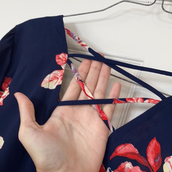 Sandy & sid floral navy pink short sleeve open stringy back blouse top shirt - Picture 10 of 17